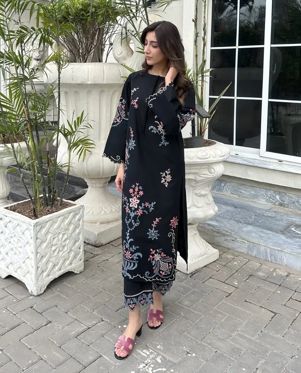 Black Blossom Multicolor Floral Embroidery